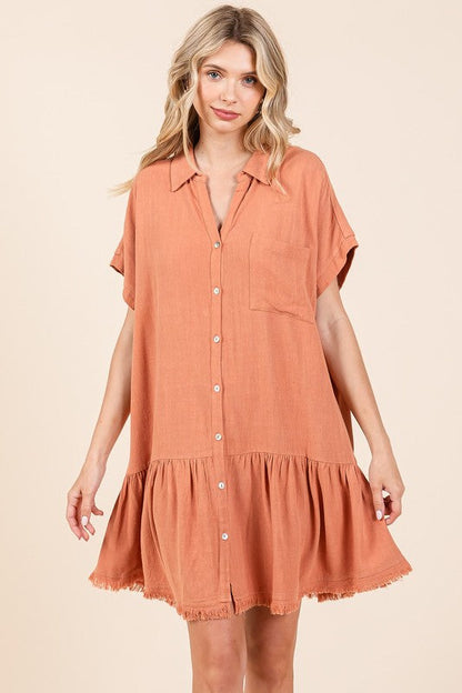 Linen Blend Button Down Shirt Mini Dress For Women – Casual, Classic Button-Down Design with Raw Hem and Tiered Detail