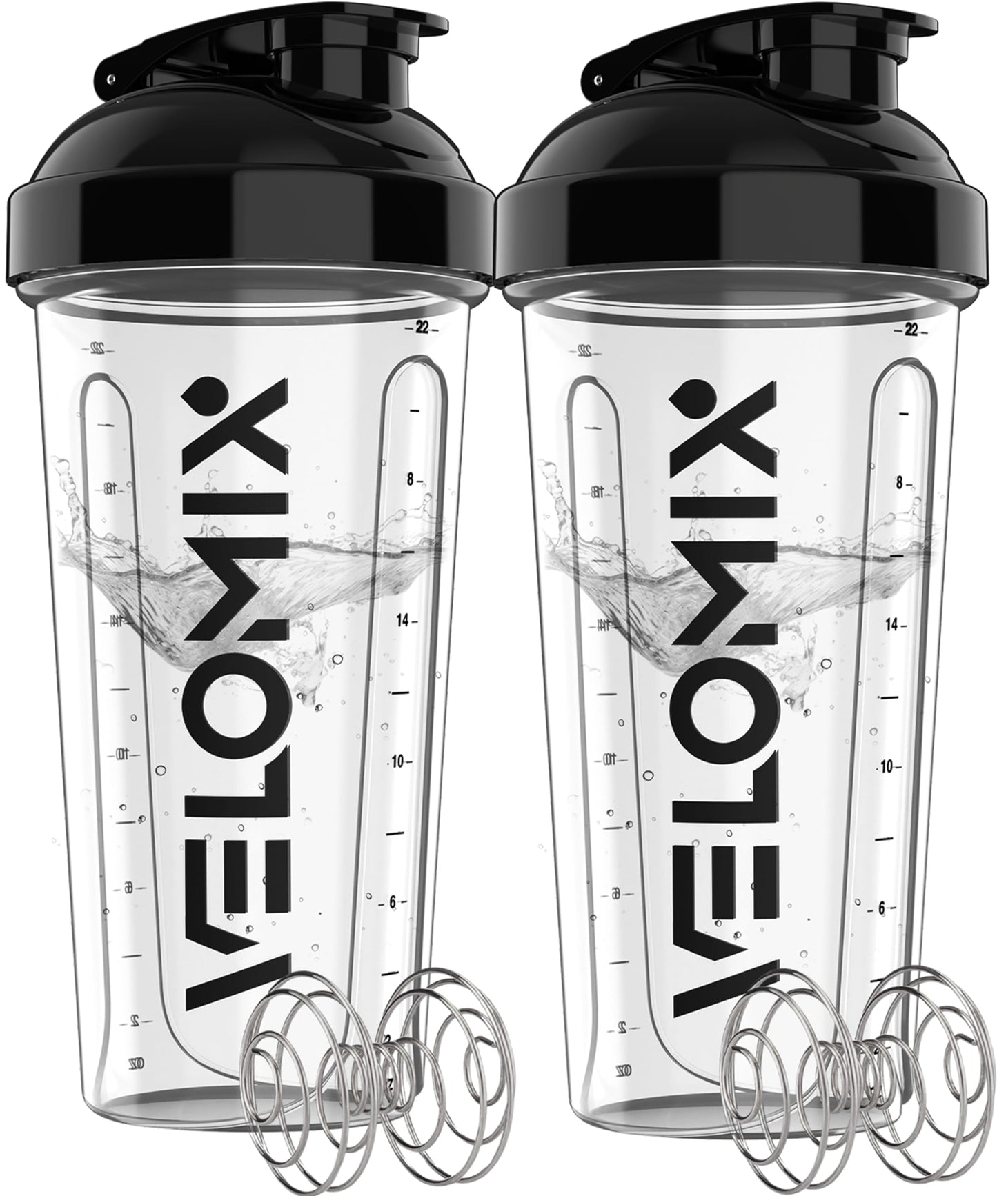 VELOMIX -2 Pack- 28 oz Protein Shaker Bottles for Protein Mixes - 2x Wire Whisk | Leak Proof Shaker Cups for Protein Shakes | Protein Shaker Bottle Pack (Black/Transparent)