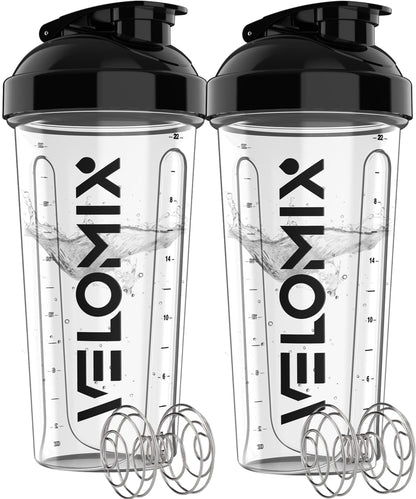 VELOMIX -2 Pack- 28 oz Protein Shaker Bottles for Protein Mixes - 2x Wire Whisk | Leak Proof Shaker Cups for Protein Shakes | Protein Shaker Bottle Pack (Black/Transparent)