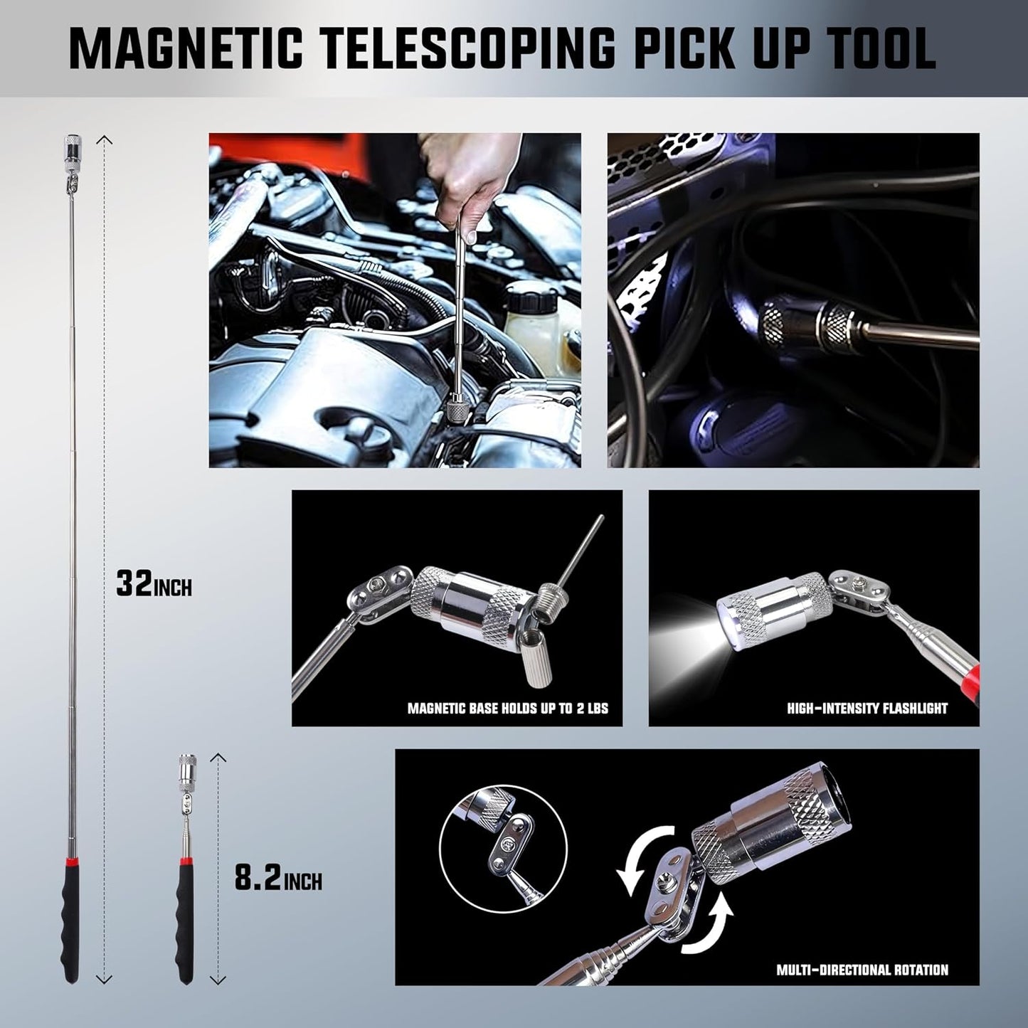 WORKKOOL 26PCS Car Tool Kit with Stainless Steel Assorted 5th Wheel Pin Puller,68 inches Long Distance Puller Hook, Air Wedge and Magnetic Pickup Tool with Flashlight