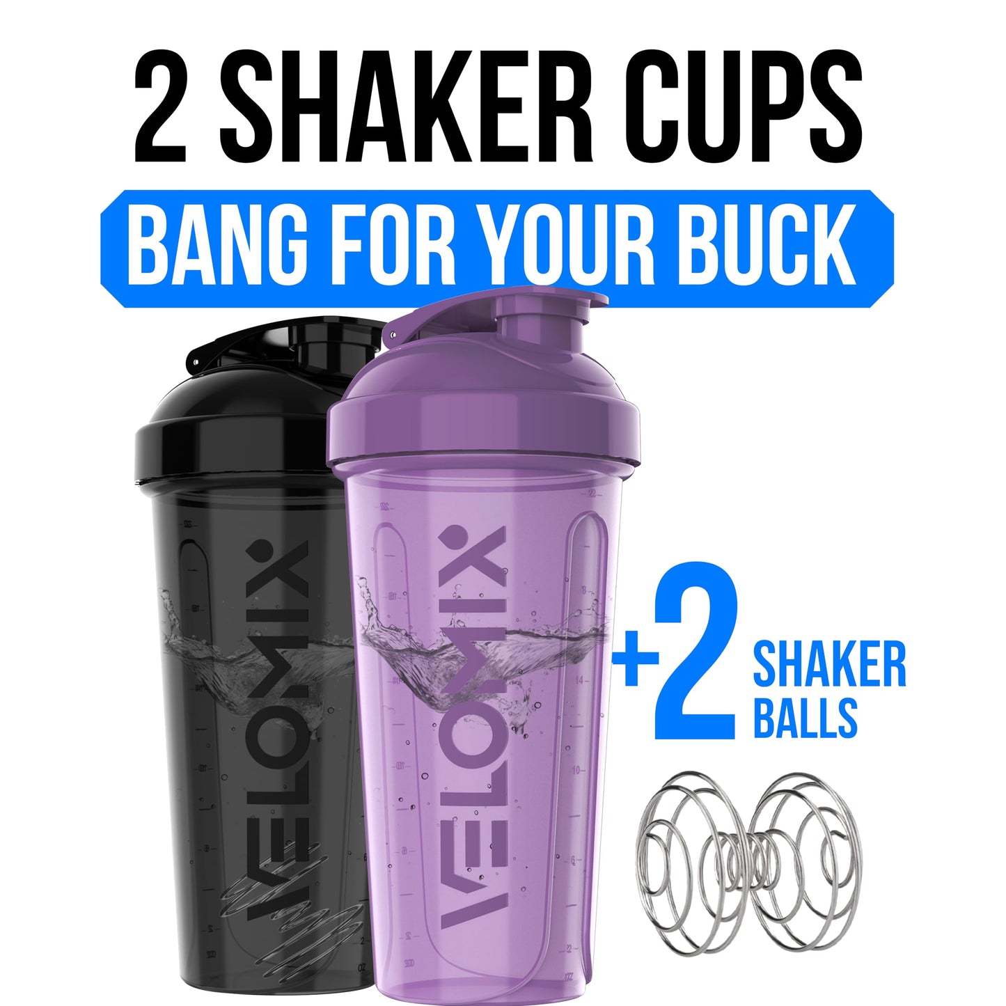 VELOMIX -2 Pack- 28 oz Protein Shaker Bottles for Protein Mixes - 2x Wire Whisk | Leak Proof Shaker Cups for Protein Shakes | Protein Shaker Bottle Pack (Black/Transparent)