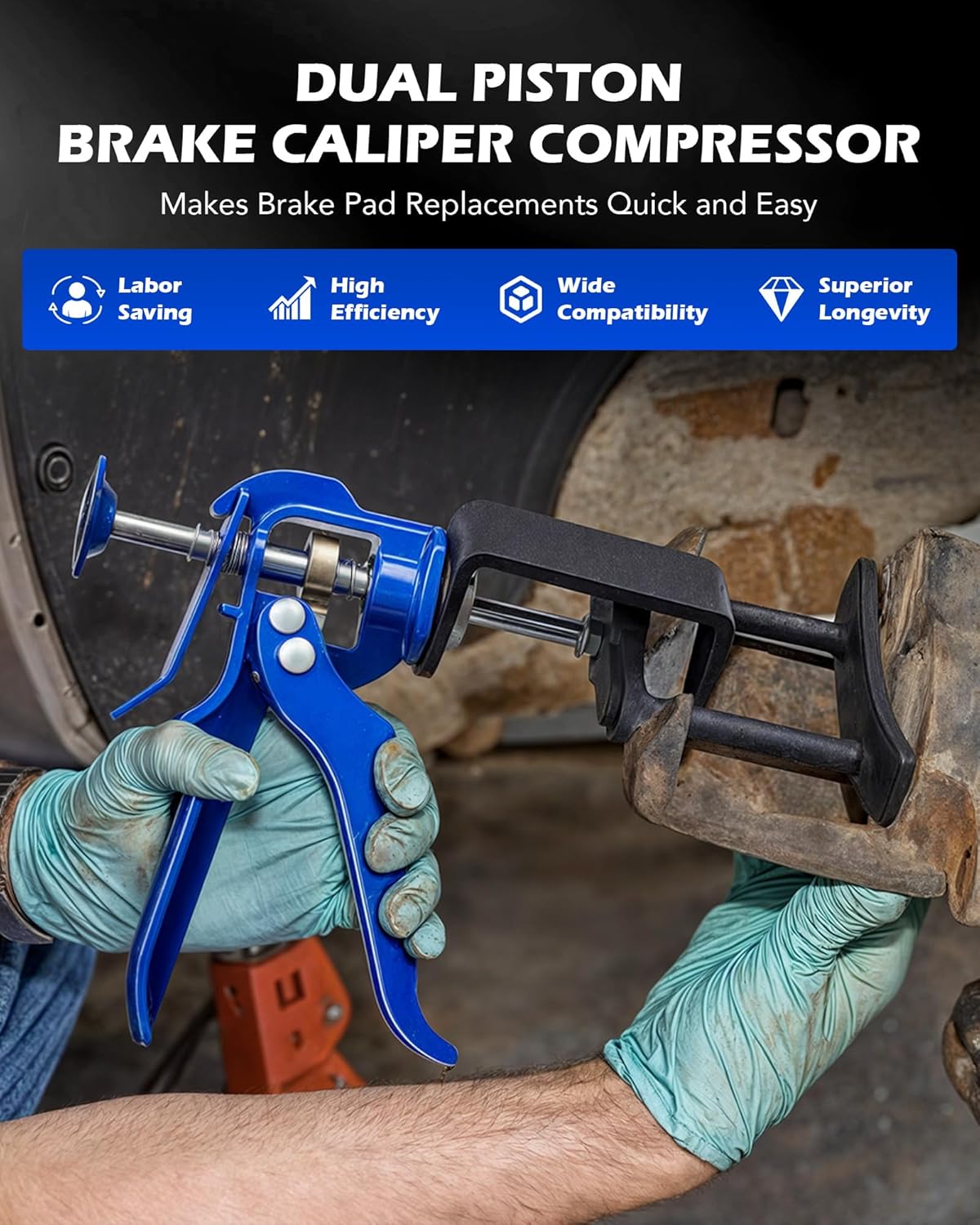 OMT Dual Piston Brake Caliper Compression Tool for Pad Replacement | Aluminum & Steel Build; 377 lb Force; Single and Dual Pistons; Brake Maintenance; Auto Technicians