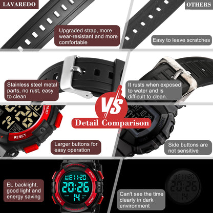 L LAVAREDO Mens Digital Watch Sports Military Watches Waterproof Outdoor Chronograph Wrist Watches for Men with LED Back Ligh/Alarm/Date