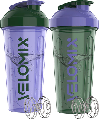 VELOMIX -2 Pack- 28 oz Protein Shaker Bottles for Protein Mixes - 2x Wire Whisk | Leak Proof Shaker Cups for Protein Shakes | Protein Shaker Bottle Pack (Black/Transparent)