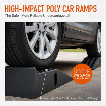 Ironton Poly Car Ramp Set, 12,000-Lb. GVW, 35.5in.L x 12in.W, 2-Pc. | High-impact construction, 6, 000-lb. capacity per ramp, Non-skid tread, Rubber feet, Fits cars/SUVs/trucks/vans