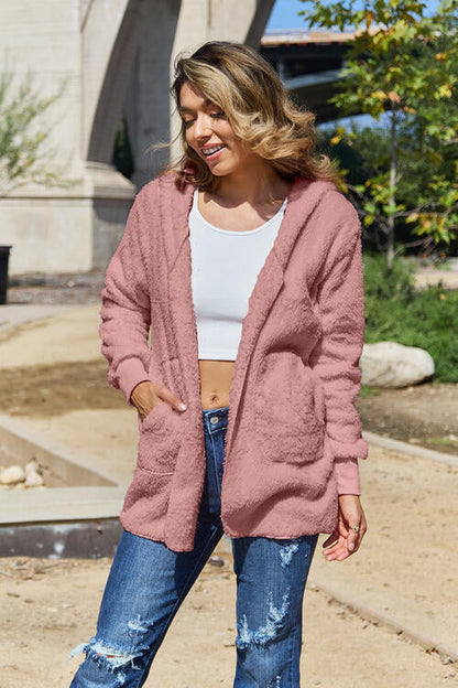 Women Full Size Teddy Hooded Jacket with Pockets Cozy Casual Jacket Comfortable Women Jacket