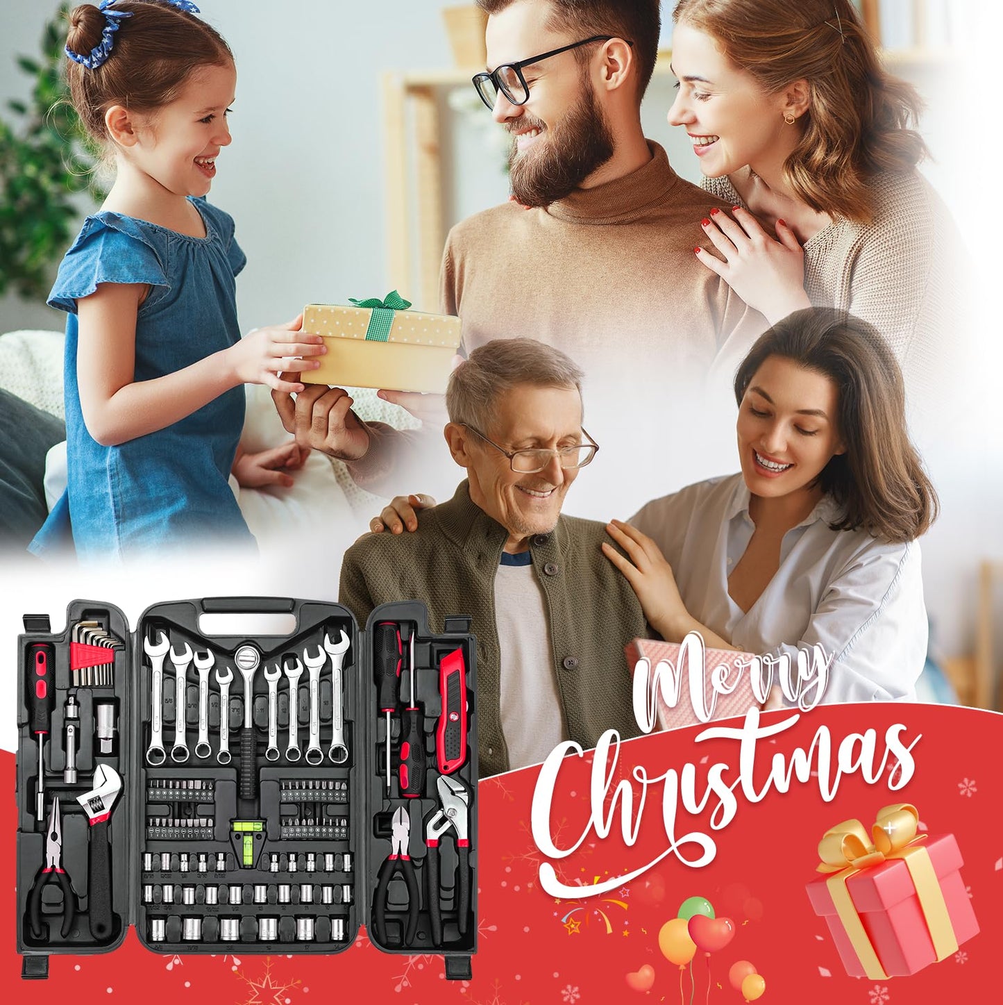 TLGREEN 95 Piece Tool Set, Tool Kit, Mechanics Tool Set, Portable Toolbox with Adjustable Wrench Pliers Socket Bits, with Plastic Toolbox, for House Apartment Garage (Red)