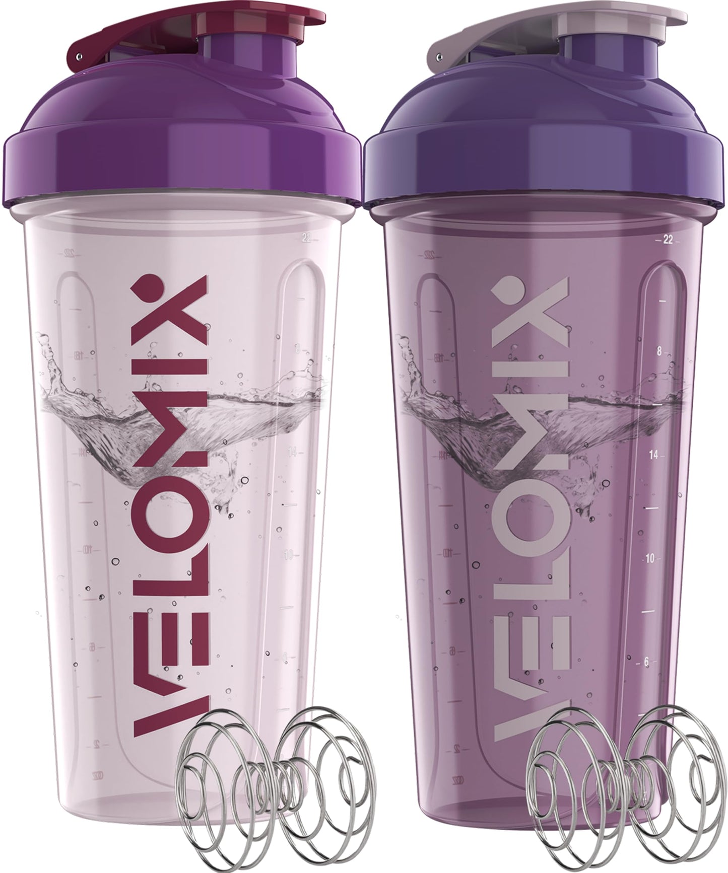 VELOMIX -2 Pack- 28 oz Protein Shaker Bottles for Protein Mixes - 2x Wire Whisk | Leak Proof Shaker Cups for Protein Shakes | Protein Shaker Bottle Pack (Black/Transparent)