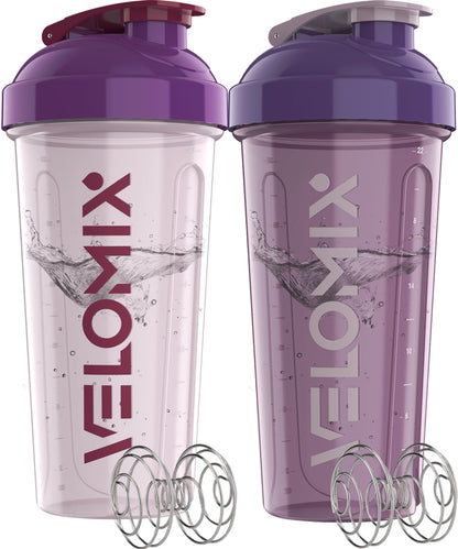 VELOMIX -2 Pack- 28 oz Protein Shaker Bottles for Protein Mixes - 2x Wire Whisk | Leak Proof Shaker Cups for Protein Shakes | Protein Shaker Bottle Pack (Black/Transparent)