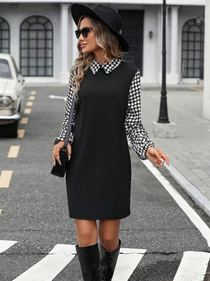 Timeless Black Collared Neck Long Sleeve Mini Dress Vintage Design Classic Women Dress