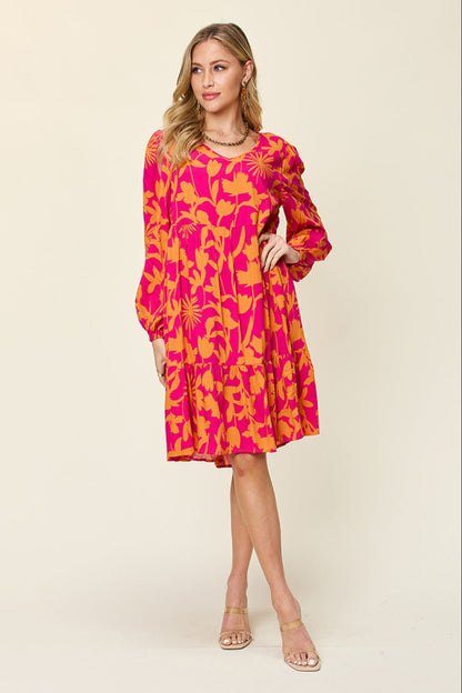 Double Take Full Size Printed Ruffle Hem Dress with Pocket Stylish & Functional Women Dress