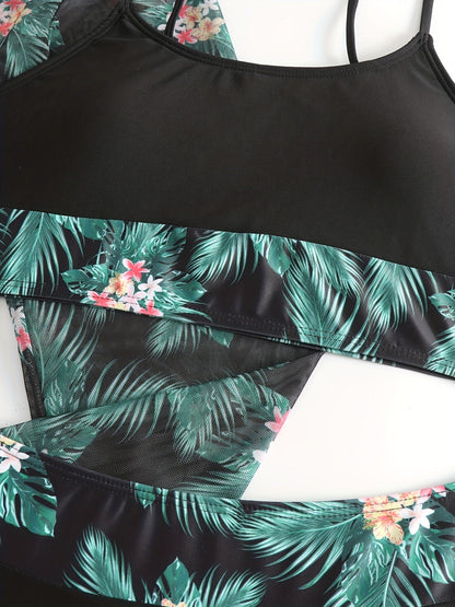 Bikini 3 Piece Tropical Print Swimsuit Set – High Stretch Comfortable Women's Bikini with Crew Neck Mesh Cover-Up – Chic Vacation Beachwear for Summer Casual Style & Poolside Glamour