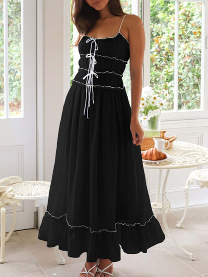 Vintage Ruffled Hem Midi Dress With Tied And Ruched Detail Elegant Feminine Girls Dress