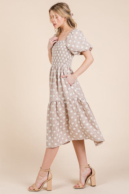 New Floral Embroidered Smocked Puff Sleeve Tiered Midi Dress For Women Elegant,Charming and Feminine Floral Embroidered Midi Dress with Puff Sleeves and Tiered Design