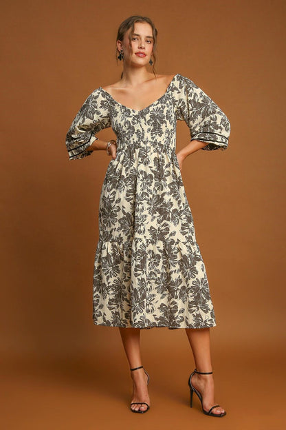 Ruffle Hem Flower Printed V-Neck Dress For Women – Floral Print Dress, Ruffle Hem V-Neck Dress, Feminine Floral Dress, Elegant V-Neck Dress, Flirty Ruffle Hem Dress