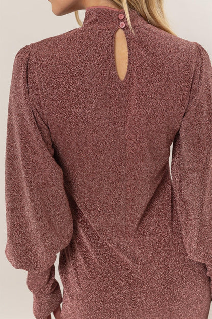 Glitter Mock Neck Long Sleeve Mini Dress – Sparkling Mock Neck Dress, Elegant, Flattering, Glitter Knit Dress, Elegant Mini Dress, Long Sleeve Party Dress, Statement Evening Dress