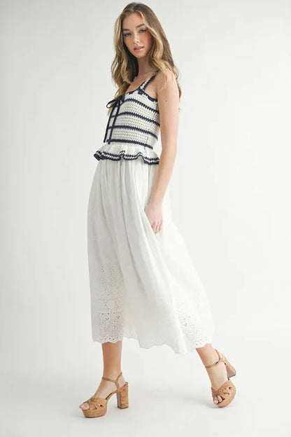 Crochet Stripe Knit Eyelet Mix Midi Dress – Crochet Midi Dress, Stripe Knit Dress, Eyelet Mix Dress, Trendy Midi Dress, Versatile Midi Dress