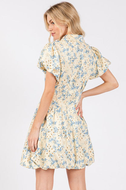 New Summer Floral Eyelet Zipper Front Puff Sleeve Mini Dress For Women – Elegant, Trendy and Chic Floral Eyelet Mini Dress with Puff Sleeves