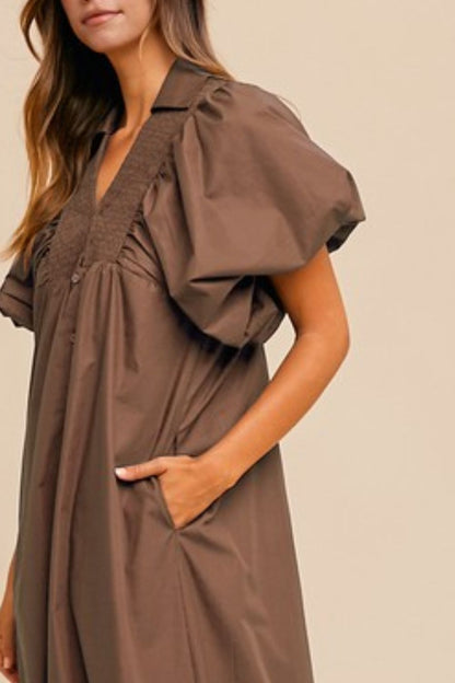 Smocked Puff Sleeve Midi Dress For Women – Feminine and Stylish Midi Dress with Dramatic Puff Sleeves and Flattering Smocked Bodice