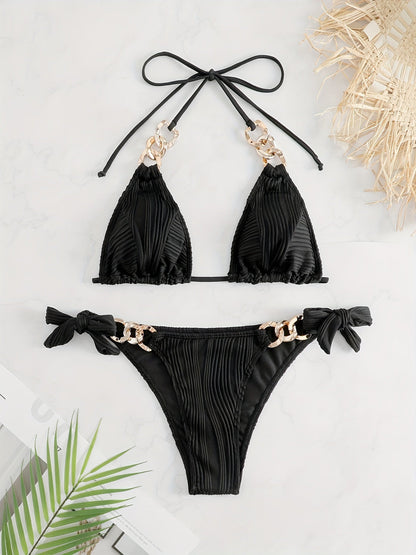 Bikini Ruched Texture Golden Chain 2 Piece Triangle Swimsuit for Women – Striped Halter Bikini Set with Bow Tie Side and Elegant Ring Link Detail – Stretchy Beachwear for Pool Bathing and Summer Vacations