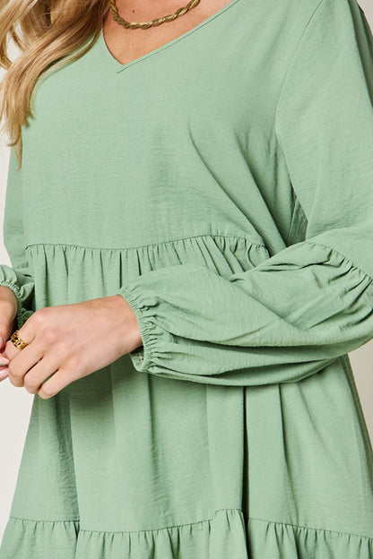 Light Green Double Take Full Size V-Neck Sleeve Tiered Dress with Pockets Elegant & Comfortable Casual Dress