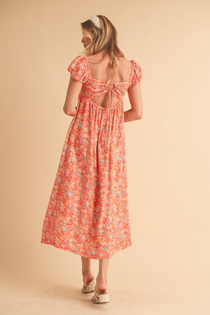 Cutout Back Floral Square Neck Puff Sleeve Midi Summer Dress For Women – Elegant & Feminine with Modern Details, Perfect for Special Occasions