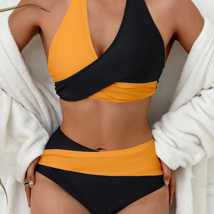 Bikini Black and White Contrast Color Criss Cross Neck 2 Piece Swimsuit for Women – Stylish Medium Stretch Two-Tone Bikini Set with Unique Neckline and Flattering Fit – Modern Swimwear for Beach Days, Pool Lounging, and Summer Escapes