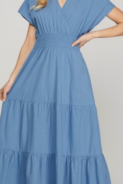 Surplice Short Sleeve Tiered Maxi Dress With Pockets For Women – Elegant, Versatile, Comfortable and Functional with Flattering Surplice Neckline and Tiered Design for Effortless Style