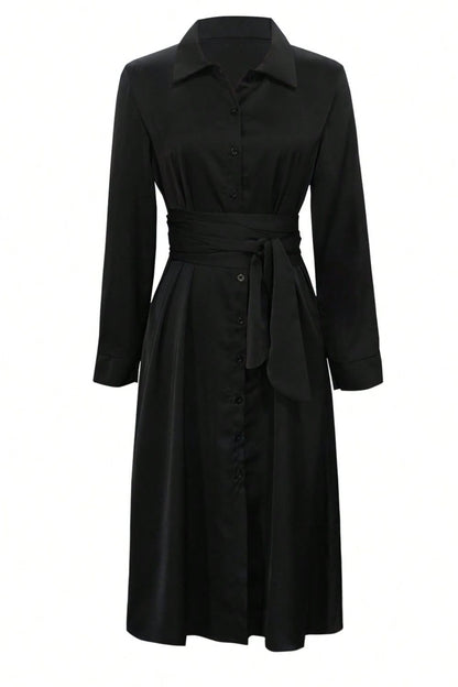 Elegant Black Collared Neck Long Sleeve Midi Shirt Dress Tied and Buttoned Women’s Dress