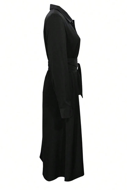 Elegant Black Collared Neck Long Sleeve Midi Shirt Dress Tied and Buttoned Women’s Dress