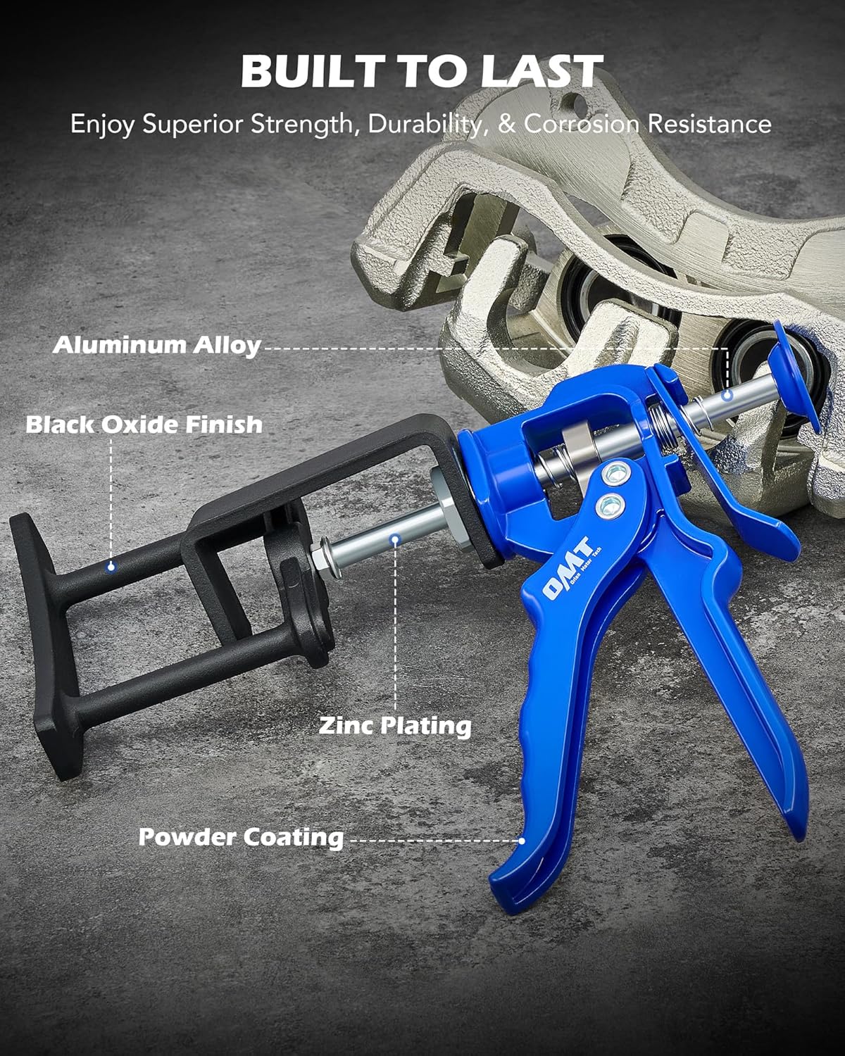 OMT Dual Piston Brake Caliper Compression Tool for Pad Replacement | Aluminum & Steel Build; 377 lb Force; Single and Dual Pistons; Brake Maintenance; Auto Technicians
