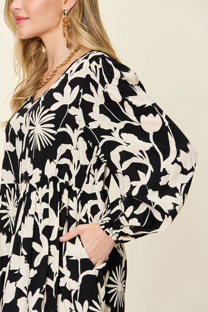 Double Take Full Size Printed Ruffle Hem Dress with Pocket Stylish & Functional Women Dress