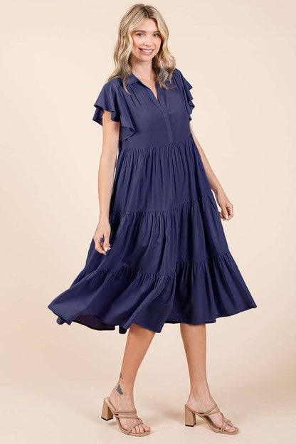 Ruffle Sleeve Collared V Neck Tiered Midi Dress For Women – Fluttering, Feminine and Polished Midi Dress with Layered Details For Any Occasion