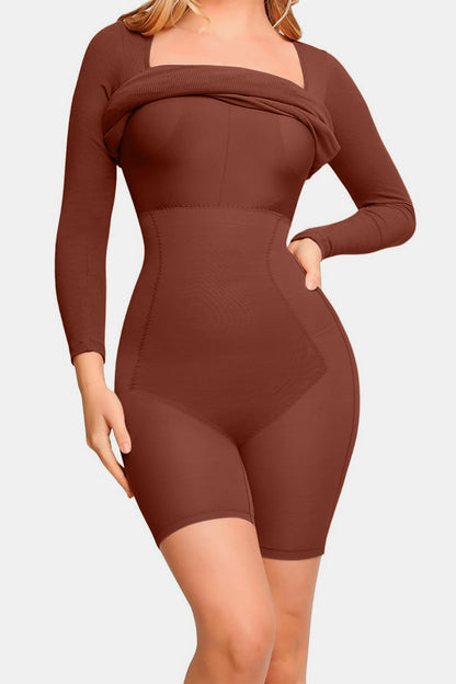 Elegant Black Full Size Built-In Shapewear Square Neck Long Sleeve Dress Sculpting Fit Dress for Women