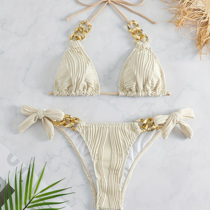 Bikini Ruched Texture Golden Chain 2 Piece Triangle Swimsuit for Women – Striped Halter Bikini Set with Bow Tie Side and Elegant Ring Link Detail – Stretchy Beachwear for Pool Bathing and Summer Vacations