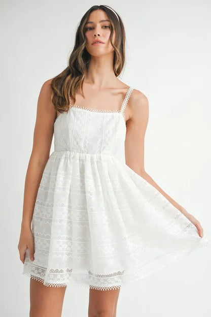 Eyelet Lace Babydoll Mini Cami Dress – Feminine Eyelet Lace Dress, Fluttering, Bohemian Babydoll Silhouette, Breezy Summer Dress, Casual Day Out Dress