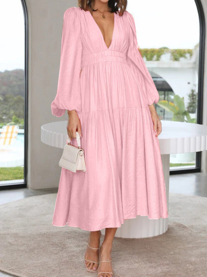 Lightweight Deep V-Neck Balloon Sleeve Maxi Dress Elegant & Flowing Silhouette Unique Dress