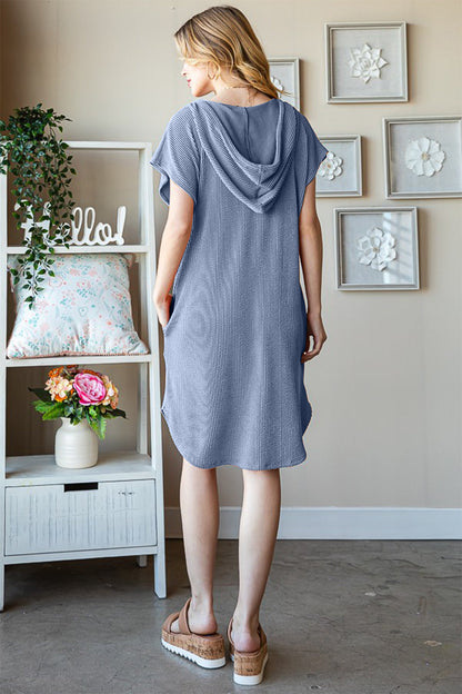 Full Size Ribbed Short Sleeve Hooded Dress – Casual Ribbed Hooded Dress, Stylish Short Sleeve Dress, Comfortable Ribbed Dress, Trendy Hooded Dress, Fashionable Ribbed Dress, Easy Fit Hooded Dress, Versatile Short Sleeve Dress