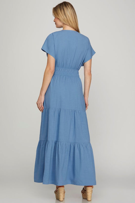 Surplice Short Sleeve Tiered Maxi Dress With Pockets For Women – Elegant, Versatile, Comfortable and Functional with Flattering Surplice Neckline and Tiered Design for Effortless Style