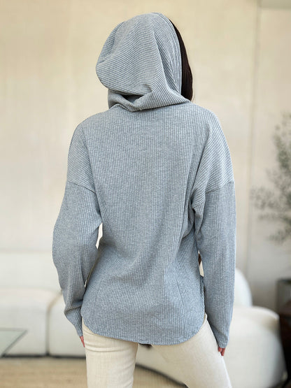 Culture Code Full Size Ribbed Zip Up Drawstring Hooded Jacket Women Trendy Jacket With Adjustable Hood For Women