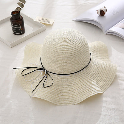 Summer Cap Black Ribbon Decorate Wavy Straw Hat For Girls Hat Kids Sun Cap Baby Beach Hats for Girls