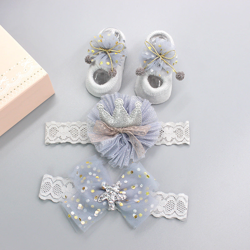 Flower Baby Girl Headband Socks Set Shoes With  Crown Bows Newborn Headbands For Girls Turban Baby Hair Accessories