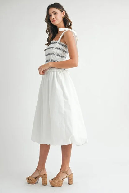 Smocked Bodice Bubble Midi Dress For Women – Stylish Smocked Bodice, Playful Bubble Skirt, Trendy Midi Dress, Chic Casual Look for Summer Outings