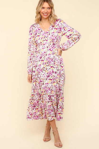 Lilac Full Size Floral V-Neck Long Sleeve Dress With Side Pockets Elegant & Practical Dress