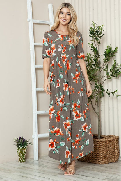 Floral Round Neck Short Sleeve Maxi Tee Dress – Casual and Comfortable Floral Maxi Dress with Relaxed Fit and Short Sleeves