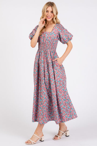 New Summer Smocked Floral Square Neck Puff Sleeve Midi Dress – Vintage-Inspired, Feminine, Trendy, Romantic, and Flattering Fit