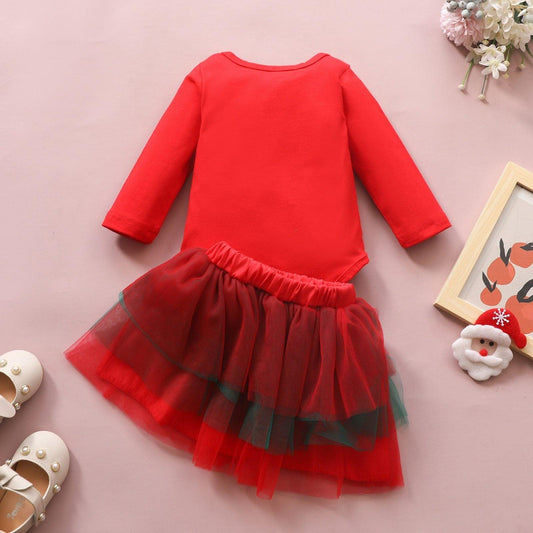 Newborn Toddler Baby Girls Christmas Cartoon Romper Bodysuit+Bowknot Skirt Set Dress Unique Design