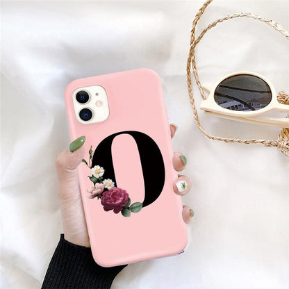 Initial Letter Silicon Phone Case For Iphone  12 Pro Max Retro Pink Flower Soft Back Cover Compatible With Iphone Case Soft Touch Cute Pink Silicone Back Cover For Iphone