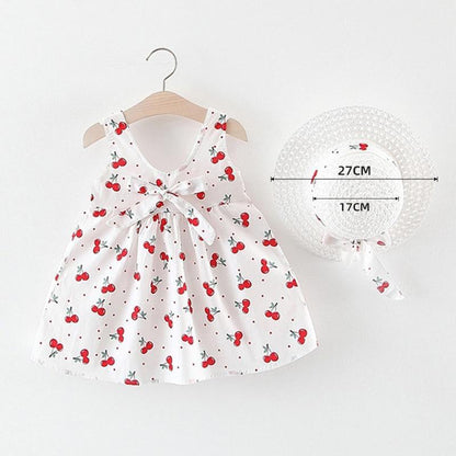 Luxury Modern Baby Girls Dresses With Hat 2pcs Clothes Sets Kids Clothes Baby Sleeveless Dress Print Floral Fruit Design Style