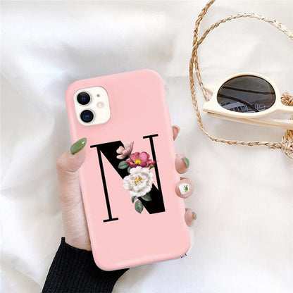 Initial Letter Silicon Phone Case For Iphone  12 Pro Max Retro Pink Flower Soft Back Cover Compatible With Iphone Case Soft Touch Cute Pink Silicone Back Cover For Iphone
